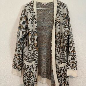 No Boundaries Cream and Brown Geometric Cardigan Sweater